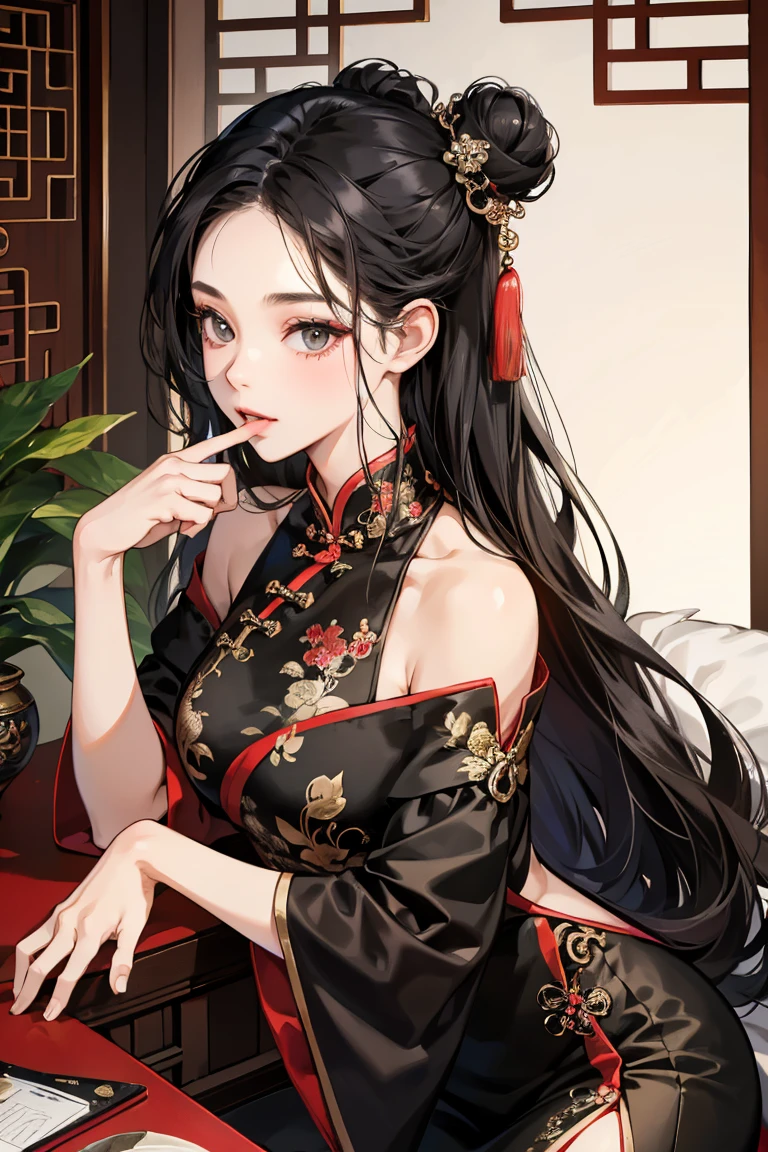 1girl, 30 years old, Chinese, old chinese dress, black dress, off-the-shoulder, black hair, long hair, bun, gray eyes, sexy, seductive,