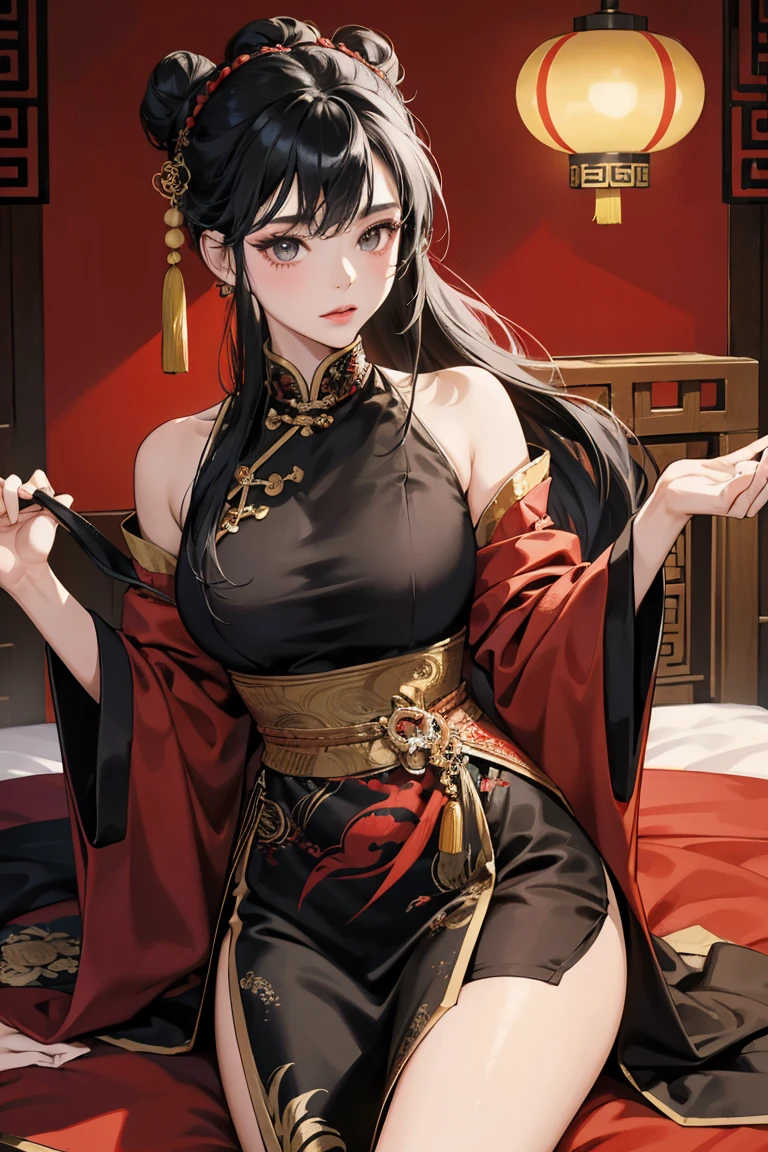 1girl, 30 years old, Chinese, old chinese dress, black dress, off-the-shoulder, black hair, long hair, bun, gray eyes, sexy, seductive,