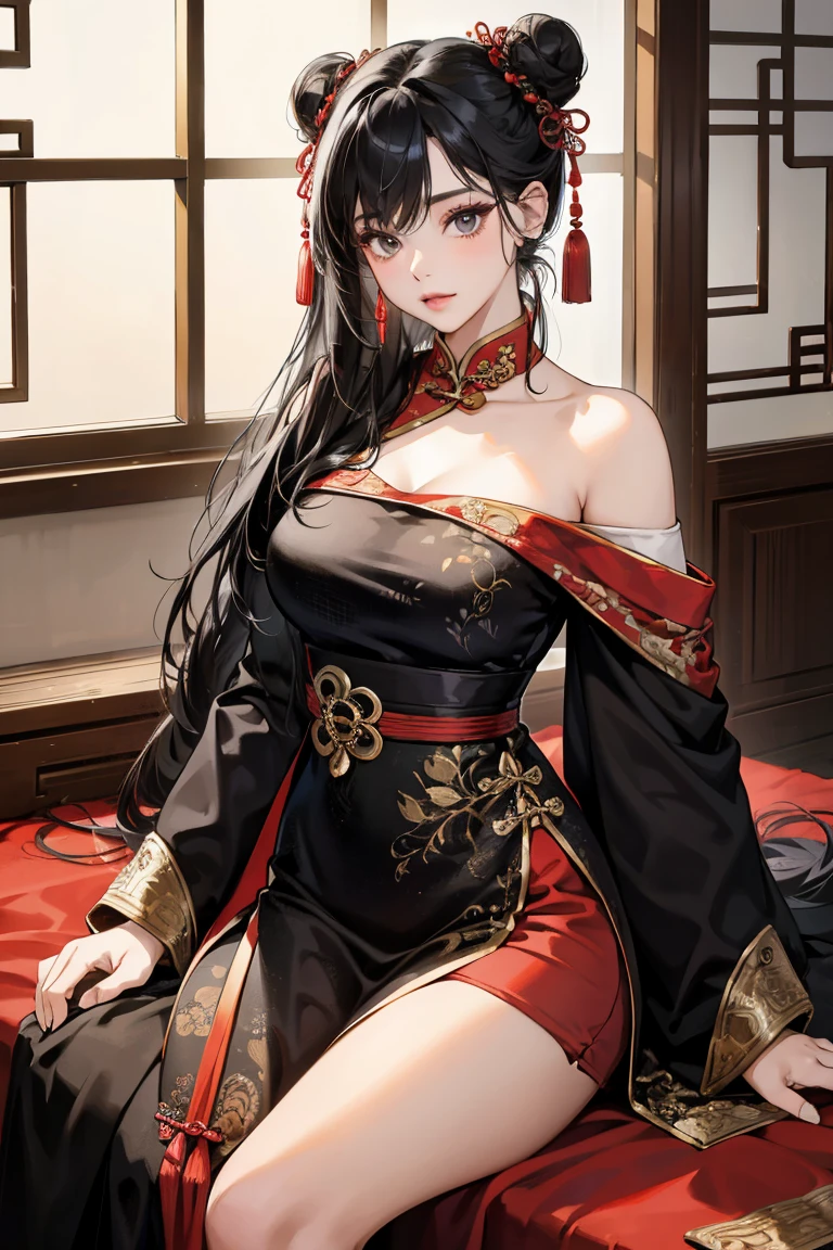 1girl, 30 years old, Chinese, old chinese dress, black dress, off-the-shoulder, black hair, long hair, bun, gray eyes, sexy, seductive,