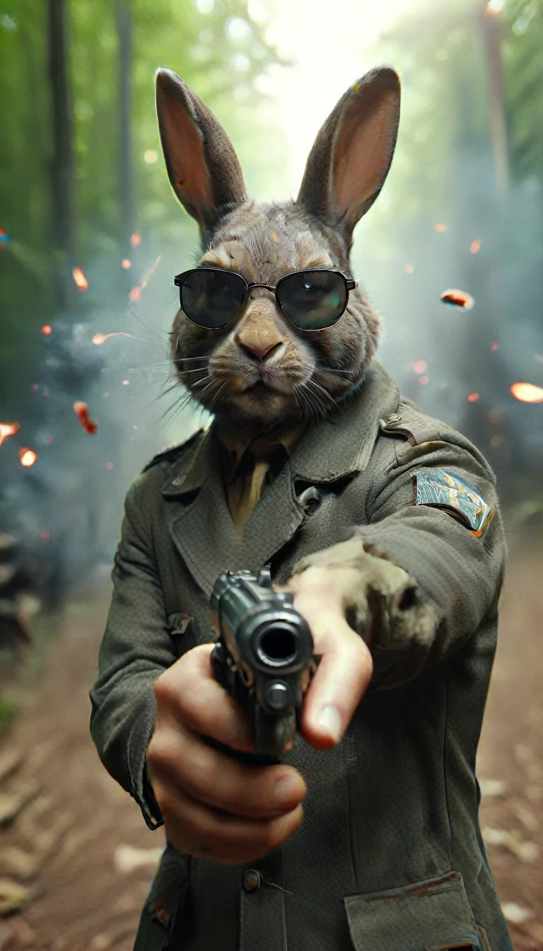 Warrior rabbit wearing military sunglasses, aiming with a pistol at the viewer, Vague, Vague background, War Zone, Vague foreground, Depth of Field, explode, beard, 运动Vague, In the woods, gunatyou, Looking at the audience, pistol, realism, Very detailed