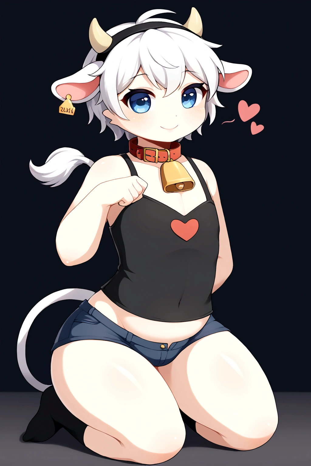 femboy, furry cow,  and cute, short white hair with black tips, blue colored eyes, god of eyes, detailed artwork, extremely detailed artwork, white and fluffy skin, white skin with black spots, extremely high detailed skin, black and white silk gloves, short black shirt with heart, belly sample, hair on thighs, short shorts (blackw), detailed thighs, cute thighs, cow&#39;s tail, sitting on knees, black and white silk socks, collar with bell around the neck, groin sample,  cute smile, detailed groin, Cute pose, small and cute, shining skin, shiny thighs, sitting on knees, no private parts, Youngh, leaning against a Bugatti Veyron car, Bugatti azul, detailed back ground, 