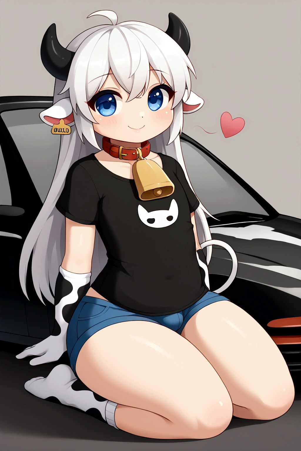 femboy, furry cow, and cute, short white hair with black tips, blue colored eyes, god of eyes, detailed artwork, extremely detailed artwork, white and fluffy skin, white skin with black spots, extremely high detailed skin, black and white silk gloves, short black shirt with heart, belly sample, hair on thighs, short shorts (blackw), detailed thighs, cute thighs, cow's tail, sitting on knees, black and white silk socks, collar with bell around the neck, groin sample, cute smile, detailed groin, Cute pose, small and cute, shining skin, shiny thighs, sitting on knees, no private parts, Youngh, leaning against a Bugatti Veyron car, Bugatti azul, detailed back ground,