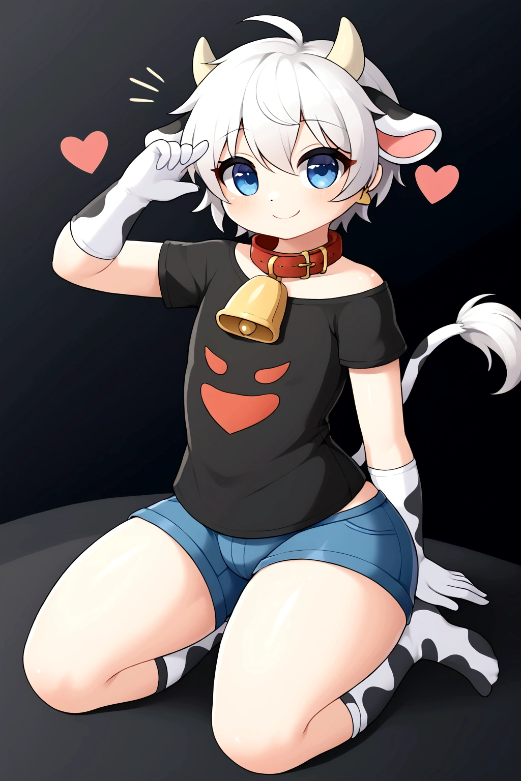 femboy, furry cow,  and cute, short white hair with black tips, blue colored eyes, god of eyes, detailed artwork, extremely detailed artwork, white and fluffy skin, white skin with black spots, extremely high detailed skin, black and white silk gloves, short black shirt with heart, belly sample, hair on thighs, short shorts (blackw), detailed thighs, cute thighs, cow&#39;s tail, sitting on knees, black and white silk socks, collar with bell around the neck, groin sample,  cute smile, detailed groin, Cute pose, small and cute, shining skin, shiny thighs, sitting on knees, no private parts, Youngh, leaning against a Bugatti Veyron car, Bugatti azul, detailed back ground, 