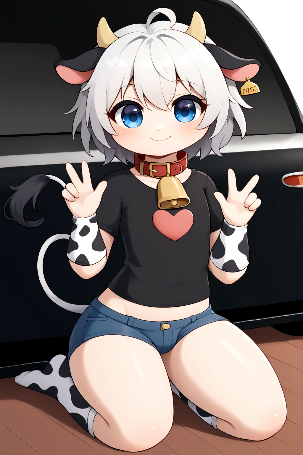 femboy, furry cow,  and cute, short white hair with black tips, blue colored eyes, god of eyes, detailed artwork, extremely detailed artwork, white and fluffy skin, white skin with black spots, extremely high detailed skin, black and white silk gloves, short black shirt with heart, belly sample, hair on thighs, short shorts (blackw), detailed thighs, cute thighs, cow&#39;s tail, sitting on knees, black and white silk socks, collar with bell around the neck, groin sample,  cute smile, detailed groin, Cute pose, small and cute, shining skin, shiny thighs, sitting on knees, no private parts, Youngh, leaning against a Bugatti Veyron car, Bugatti azul, detailed back ground, 