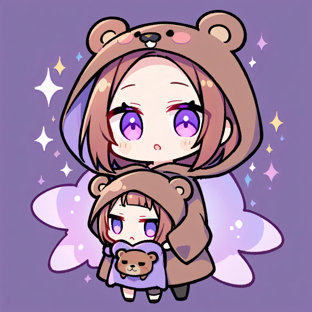 bangs bangs、Bangs、Crisp bangs、long brown hair、Wearing a dark brown bear hood、茶髪ロングのChibi Character、Wearing a dark brown bear ear hooded blanket、Purple Eyes、Purple betta background、Chibi Character、Holding a teddy bear、Bear face hood