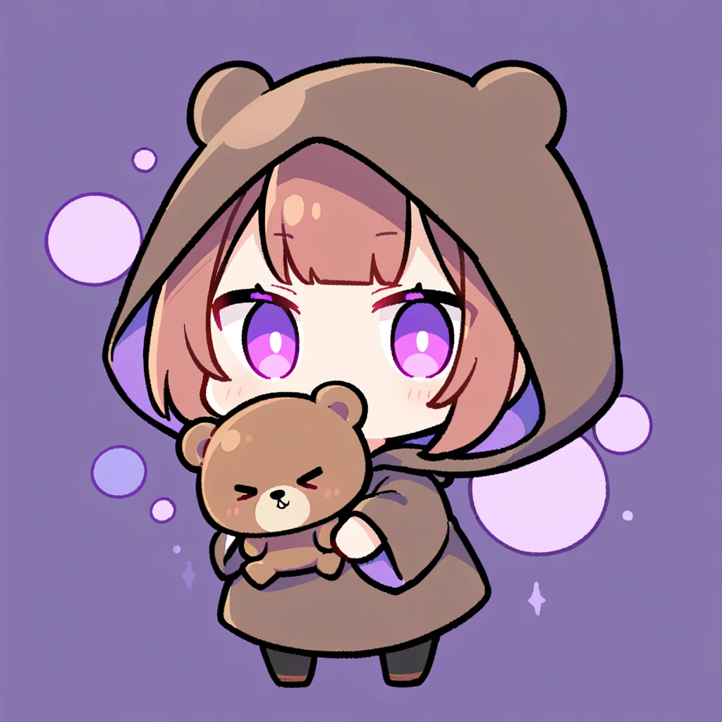 bangs bangs、Bangs、Crisp bangs、long brown hair、Wearing a dark brown bear hood、茶髪ロングのChibi Character、Wearing a dark brown bear ear hooded blanket、Purple Eyes、Purple betta background、Chibi Character、Holding a teddy bear、Bear face hood