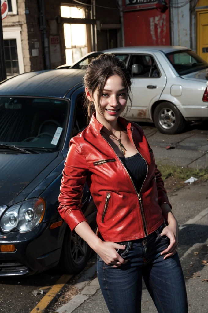 1girl, (realistic),(hyperrealism),(best quality),(masterpiece),(ultra high res),(photorealistic),idol,eye makeup,detailed eyes,detailed face,black dress, claireredfield2, brown hair, (red jacket:1.2), ponytail, (denim pants:1.3),, red wristband,, abandoned street, burning cars in background, littered street, smoke, chaos, zombie apocalypse, daytime, sunny,, hands in pocket, looking down at viewer, smiling, closeup shot, down up view