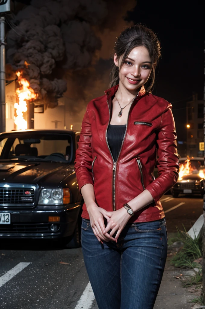 1girl, (realistic),(hyperrealism),(best quality),(masterpiece),(ultra high res),(photorealistic),idol,eye makeup,detailed eyes,detailed face,black dress, claireredfield2, brown hair, (red jacket:1.2), ponytail, (denim pants:1.3),,  red wristband,,  abandoned street, burning cars in background, littered street, smoke, chaos, zombie apocalypse, daytime, sunny,,  hands in pocket, looking down at viewer, smiling, closeup shot, down up view