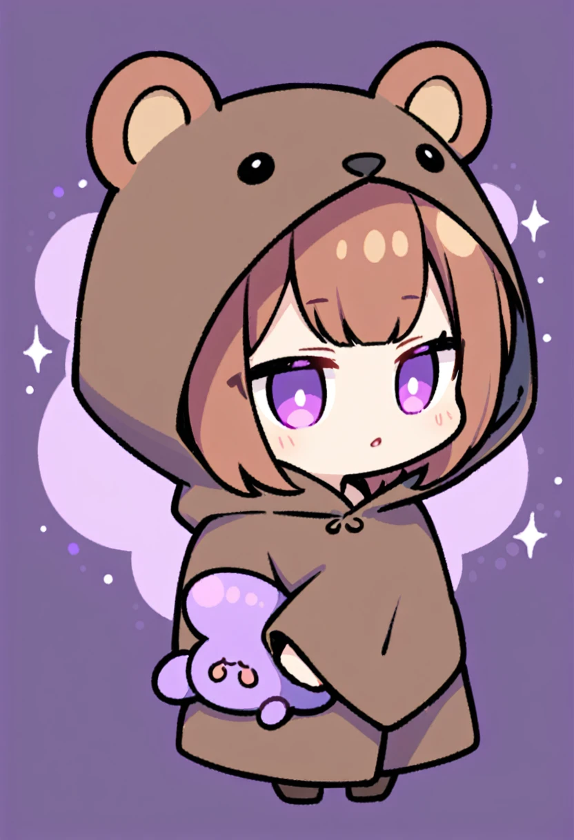 bangs bangs、Bangs、Crisp bangs、long brown hair、Wearing a dark brown bear hood、茶髪ロングのChibi Character、Wearing a dark brown bear ear hooded blanket、Purple Eyes、Purple betta background、Chibi Character、Holding a teddy bear、Bear face hood