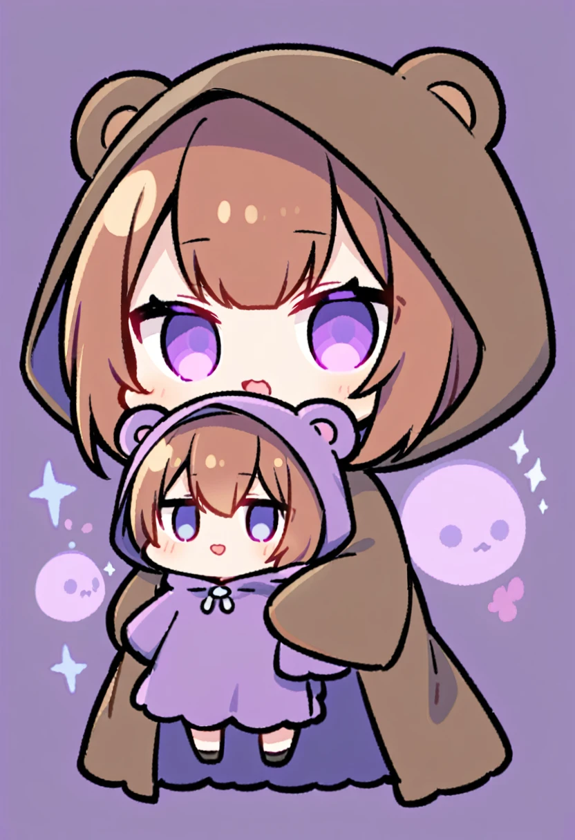 bangs bangs、Bangs、Crisp bangs、long brown hair、Wearing a dark brown bear hood、茶髪ロングのChibi Character、Wearing a dark brown bear ear hooded blanket、Purple Eyes、Purple betta background、Chibi Character、Holding a teddy bear、Bear face hood