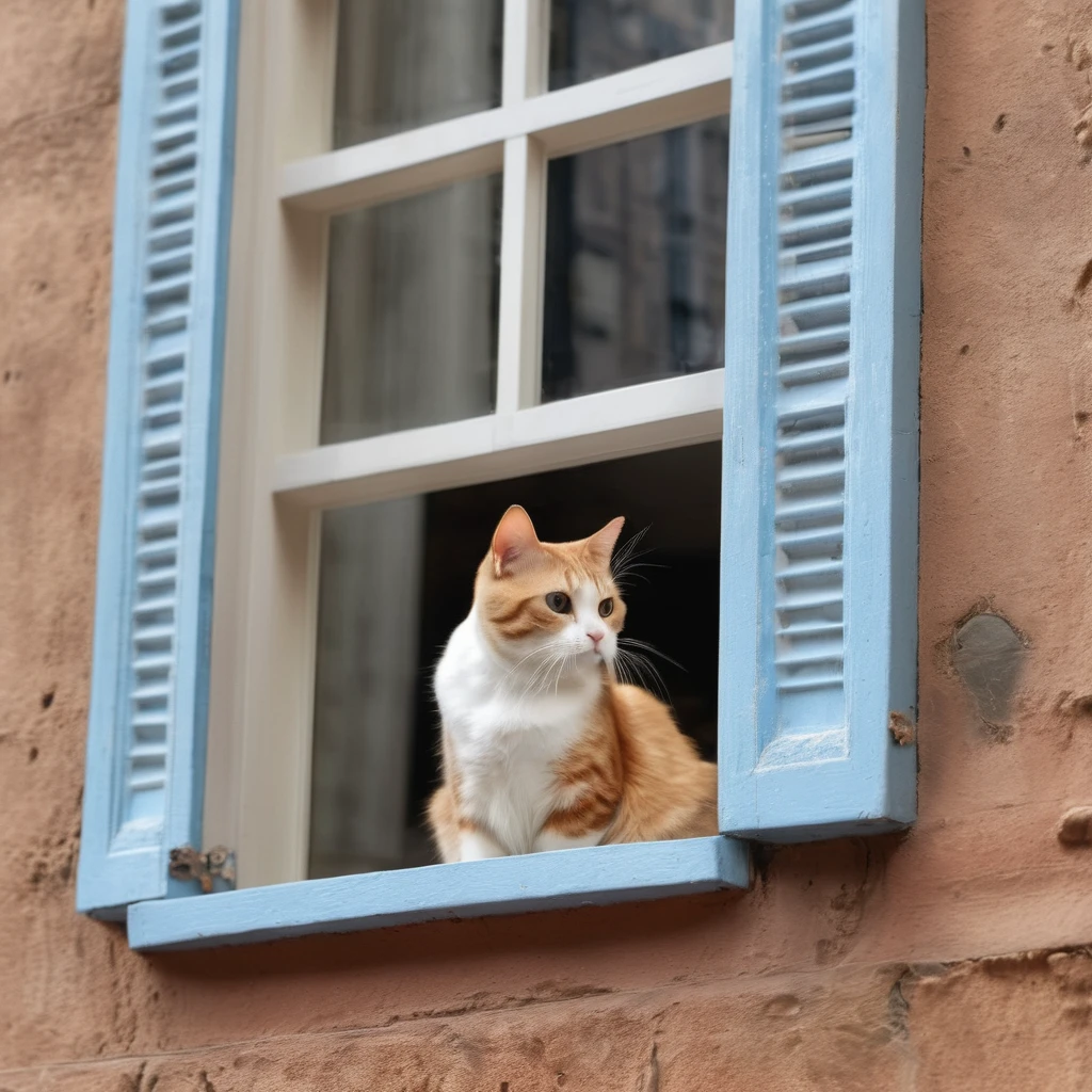 When seen from the outside, there is a cat behind the window of the building, super delicate, photo, 3D