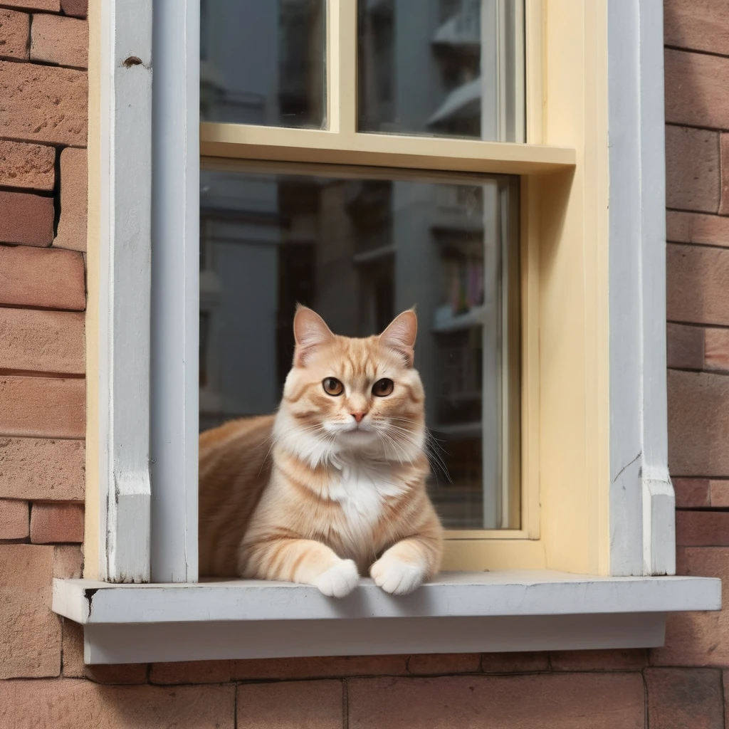 When seen from the outside, there is a cat behind the window of the building, super delicate, photo, 3D