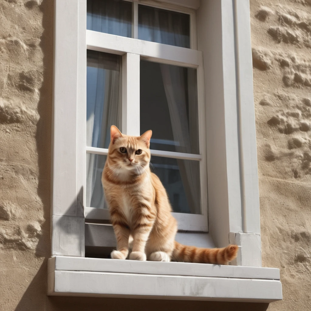 When seen from the outside, there is a cat behind the window of the building, super delicate, photo, 3D