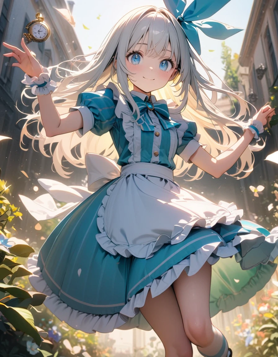 (8K, best quality, master piece: 1.2), super high resolution, ultra-detailed face, detailed eyes,perfect hands,black facinator ribbon decoration,perfect fingers,blue eyes, cream hair, long hair, Aqua Lolita fashion, white frilled apron, smile, Alice costume,striped pattern over-kneehighs,mary janes,teacup and teapot and Pocket watch are floating in the air,Alice is flying and dynamic pose,rim light, cute,one rabbit is flying, Look at viewer,garden