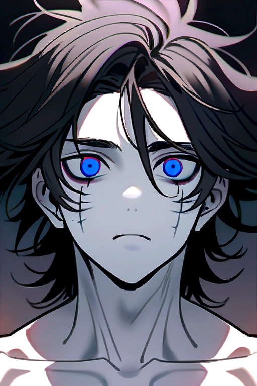 A black haired boy, messy hair with white skin, blue eyes, marked jaw and hunter&#39;s eyes. Stripped NSFW