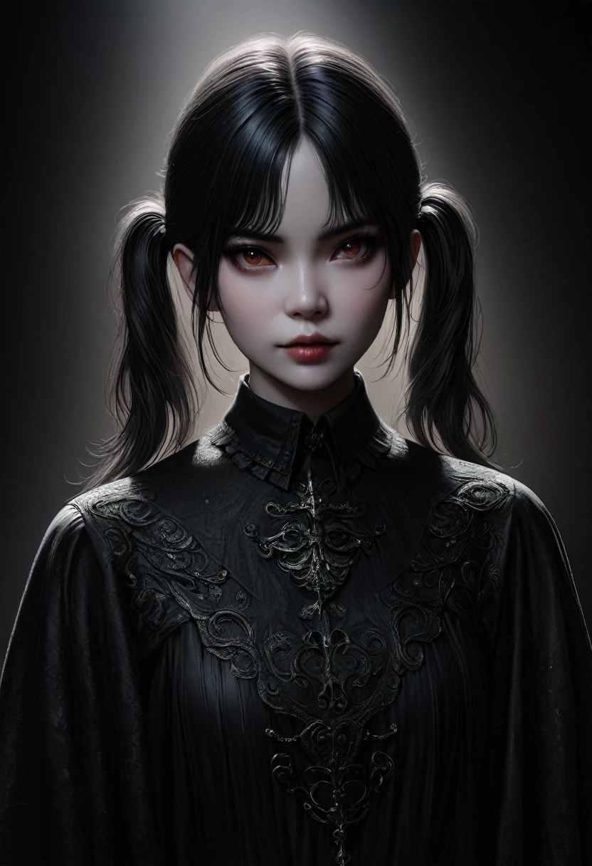 A goth girl with twin pigtails, minimalist aesthetic, highly detailed, ultra-realistic, 8k, dramatic lighting, dark moody colors, sharp focus, professional photography