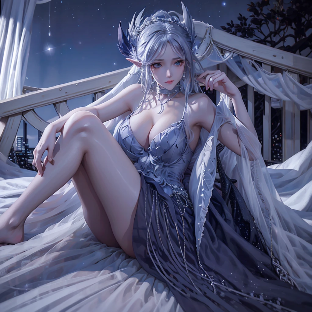 A detailed portrait of a girl sitting outdoors at night, looking at the starry sky with the milky way, surrounded by a night cityscape with buildings silhouetted against the night sky, long white hair. wearing a slightly revealing dress, sexy legs, precise cleavage, beautiful detailed lips, sky, stars, starry night, night, 1 girl.