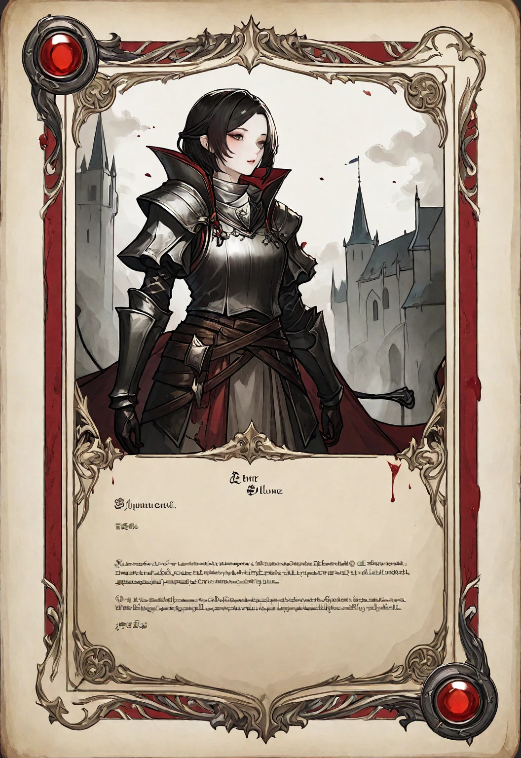 A card border UI，Medieval European fantasy style，Suspense style，Profile Style。Leave a square blank space in the middle，Parchment backing，There are blood stains on it。Black and White、yellowish、Dark red main color。