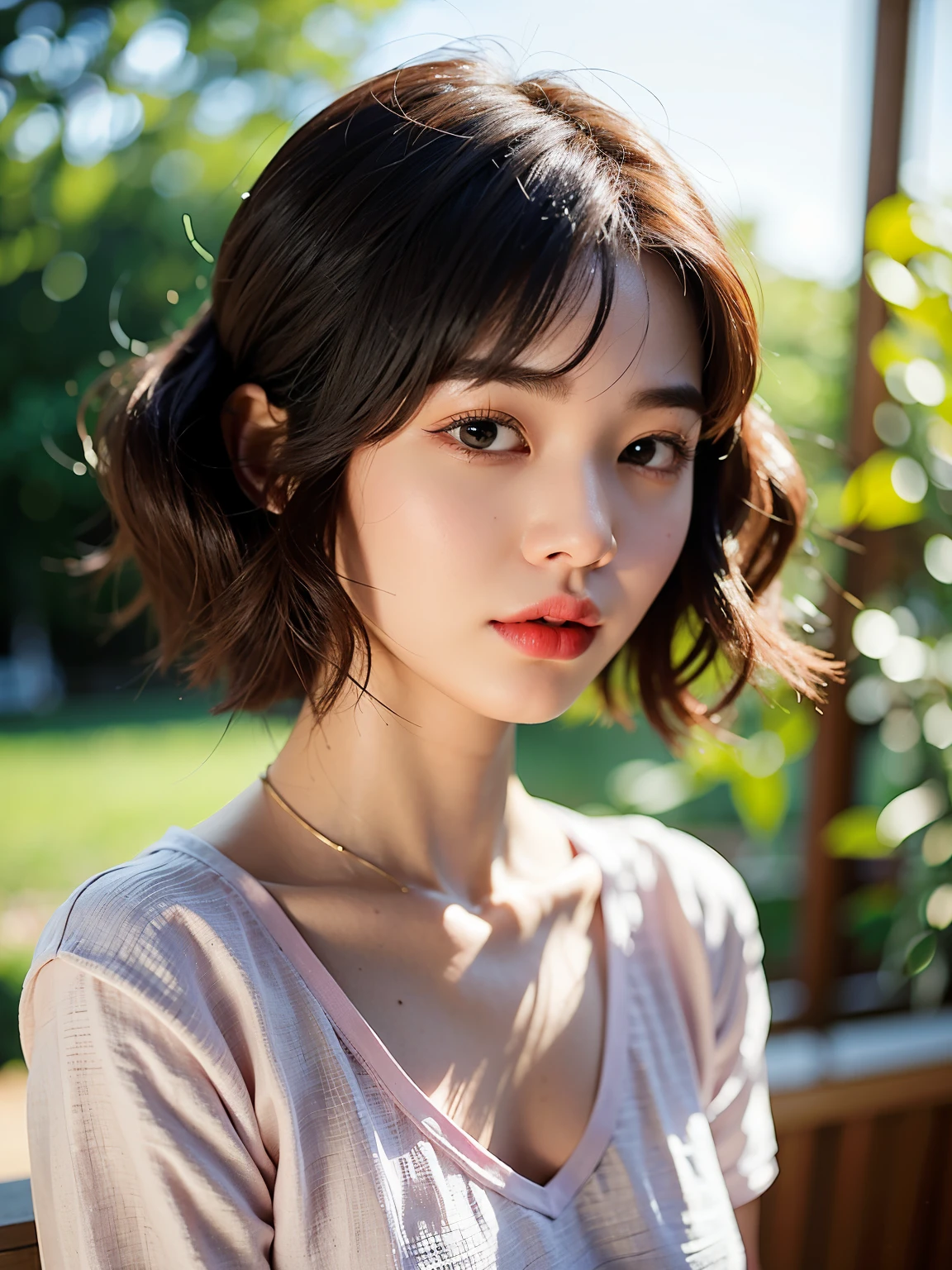 There  a young girl wearing a pink shirt, short hair, 短curls with bangs, Urzan, young cute korean face, korean girl, Hair with bangs, 🤤 girl portrait, sakimicchan, Brown bangs short hair, 8k photos, Chen Sumi, Beautiful young Korean girl，curls，short hair