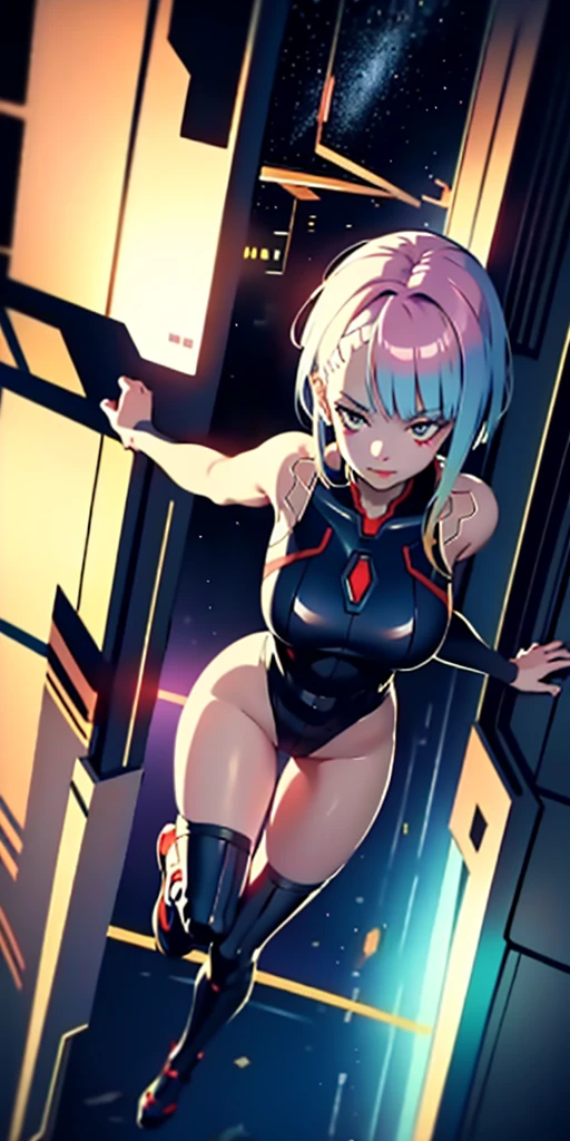absurd res, high res, (masterpiece:1.4), ultra-detailed, 1girl, from above, space, floating, /((lucy cyberpunk/)),