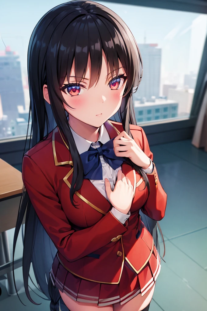 (masterpiece:1.3), (best quality:1.2), (8k, ultra detailed, ultra high res:1.2), ((anime style)), perfect 5 fingers, perfect anatomy, 
1girl,
Suzune Horikita, 
BREAK long hair, braid, 
black hair, 
red eyes, 
blue bow, 
(medium breasts:0.9), 
red jacket, long sleeves, white skirt, pleated skirt, (black thigh-high socks:1.1), 
BREAK looking at viewer, blush, 
cowboy shot, standing, (hand on own chest:1.1), 
perfect light, BREAK (detailed background:1.2), indoors, inside, (classroom:1.2), sky,  