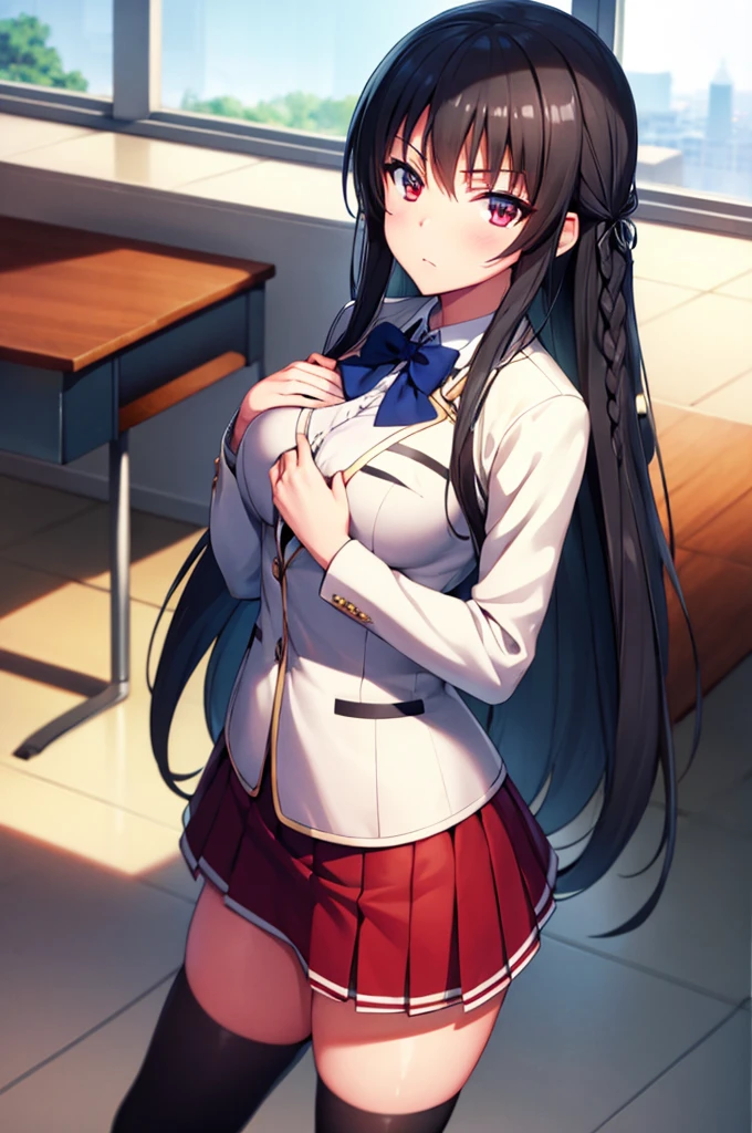(masterpiece:1.3), (best quality:1.2), (8k, ultra detailed, ultra high res:1.2), ((anime style)), perfect 5 fingers, perfect anatomy,
1girl,
Suzune Horikita,
BREAK long hair, braid,
black hair,
red eyes,
blue bow,
(medium breasts:0.9),
red jacket, long sleeves, white skirt, pleated skirt, (black thigh-high socks:1.1),
BREAK looking at viewer, blush,
cowboy shot, standing, (hand on own chest:1.1),
perfect light, BREAK (detailed background:1.2), indoors, inside, (classroom:1.2), sky,