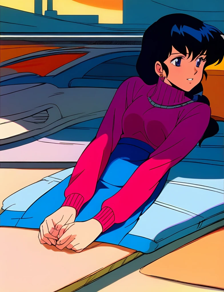 Kyoko,score_9,score_8_superior,score_7_superior,sauce_anime,One girl,alone,View your viewers,city,Streetscape of the 1980s,ビルの屋superior,Orange sky,evening,Pink Sweater,White collared shirt,length_skirt,blue skirt、Lying down、Spread your legs、Put your finger in the panties、Climax expression、