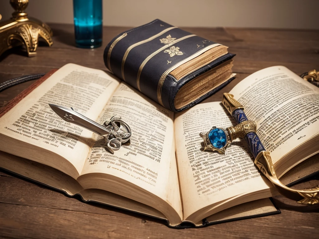 create a logo with a bible and in the middle of the closed bible and a large sword standing in the middle of the bible with blue gems and writing:Inspiring Stories of Faith.