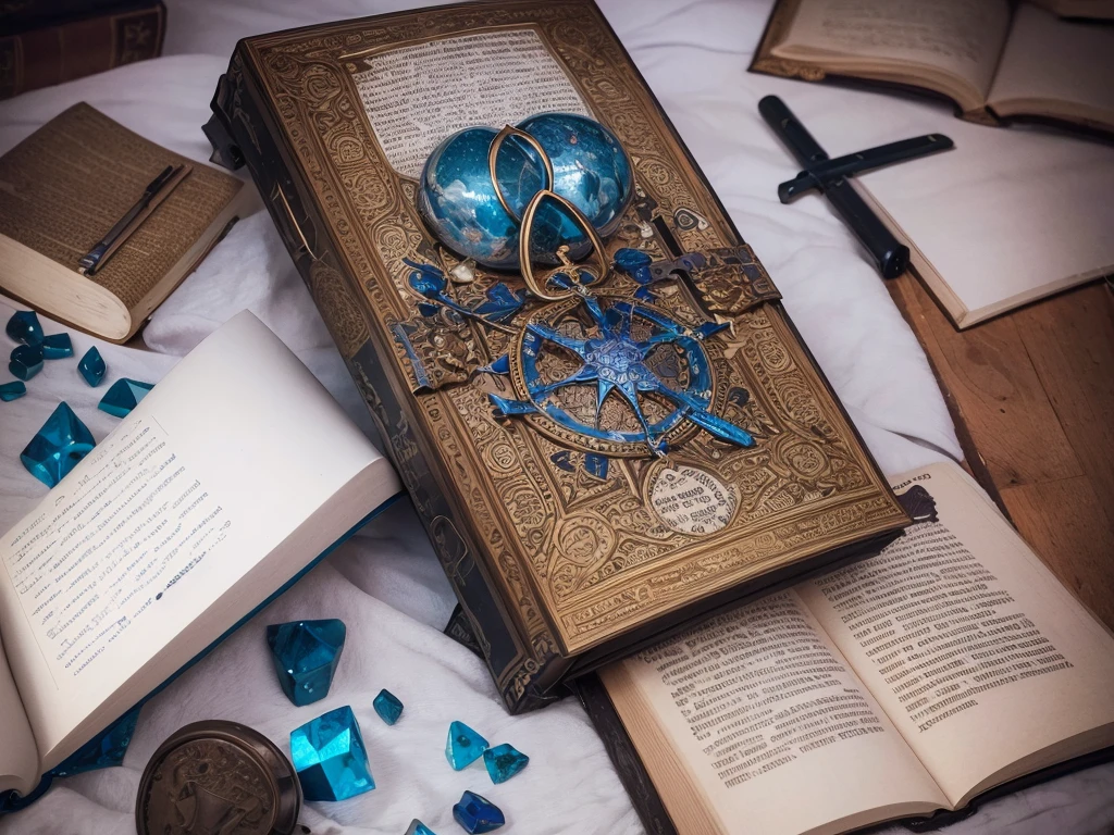 create a logo with a bible and in the middle of the closed bible and a large sword standing in the middle of the bible with blue gems and writing:Inspiring Stories of Faith.