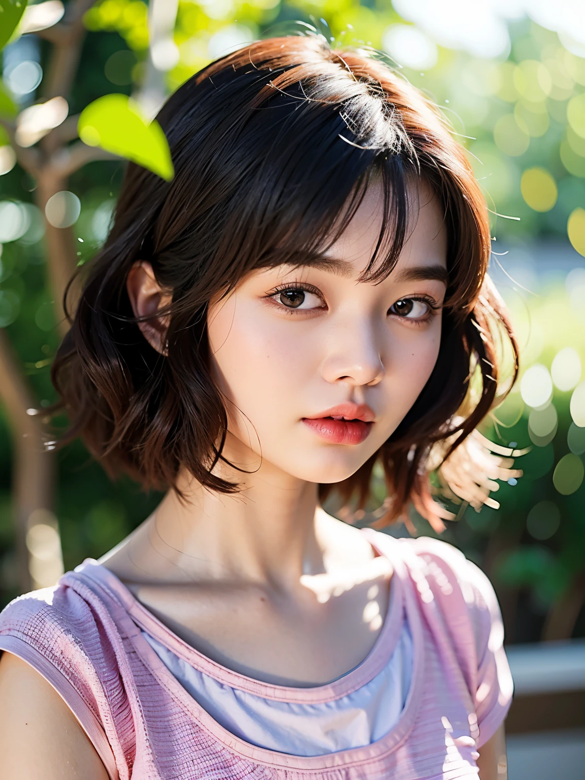 There  a young girl wearing a pink shirt, short hair, 短curls with bangs, Urzan, young cute korean face, korean girl, Hair with bangs, 🤤 girl portrait, sakimicchan, Brown bangs short hair, 8k photos, Chen Sumi, Beautiful young Korean girl，curls，short hair