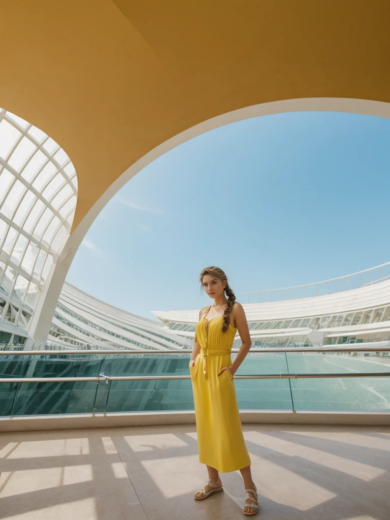 her name is Amelie, high quality, 1girl, ((20-year-old fit Caucasian woman)), ((20 years old)), ((fit)), ((Halo Braid)), pose: standing, wearing unique Generation-Z modern wear bright colored, BACKGROUND: The Guggenheim's distinctive spiral architecture offers a unique viewing experience. Modern and contemporary art pieces are displayed along the curved ramp,