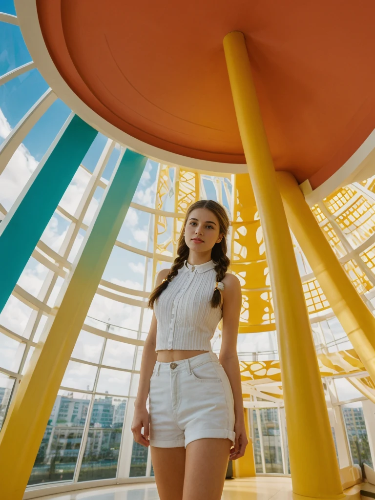 her name is Amelie, high quality, 1girl, ((20-year-old fit Caucasian woman)), ((20 years old)), ((fit)), ((Halo Braid)), pose: standing, wearing unique Generation-Z modern wear bright colored, BACKGROUND: The Guggenheim's distinctive spiral architecture offers a unique viewing experience. Modern and contemporary art pieces are displayed along the curved ramp,