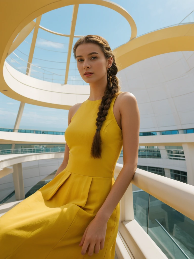 her name is Amelie, high quality, 1girl, ((20-year-old fit Caucasian woman)), ((20 years old)), ((fit)), ((Halo Braid)), pose: standing, wearing unique Generation-Z modern wear bright colored, BACKGROUND: The Guggenheim's distinctive spiral architecture offers a unique viewing experience. Modern and contemporary art pieces are displayed along the curved ramp, 