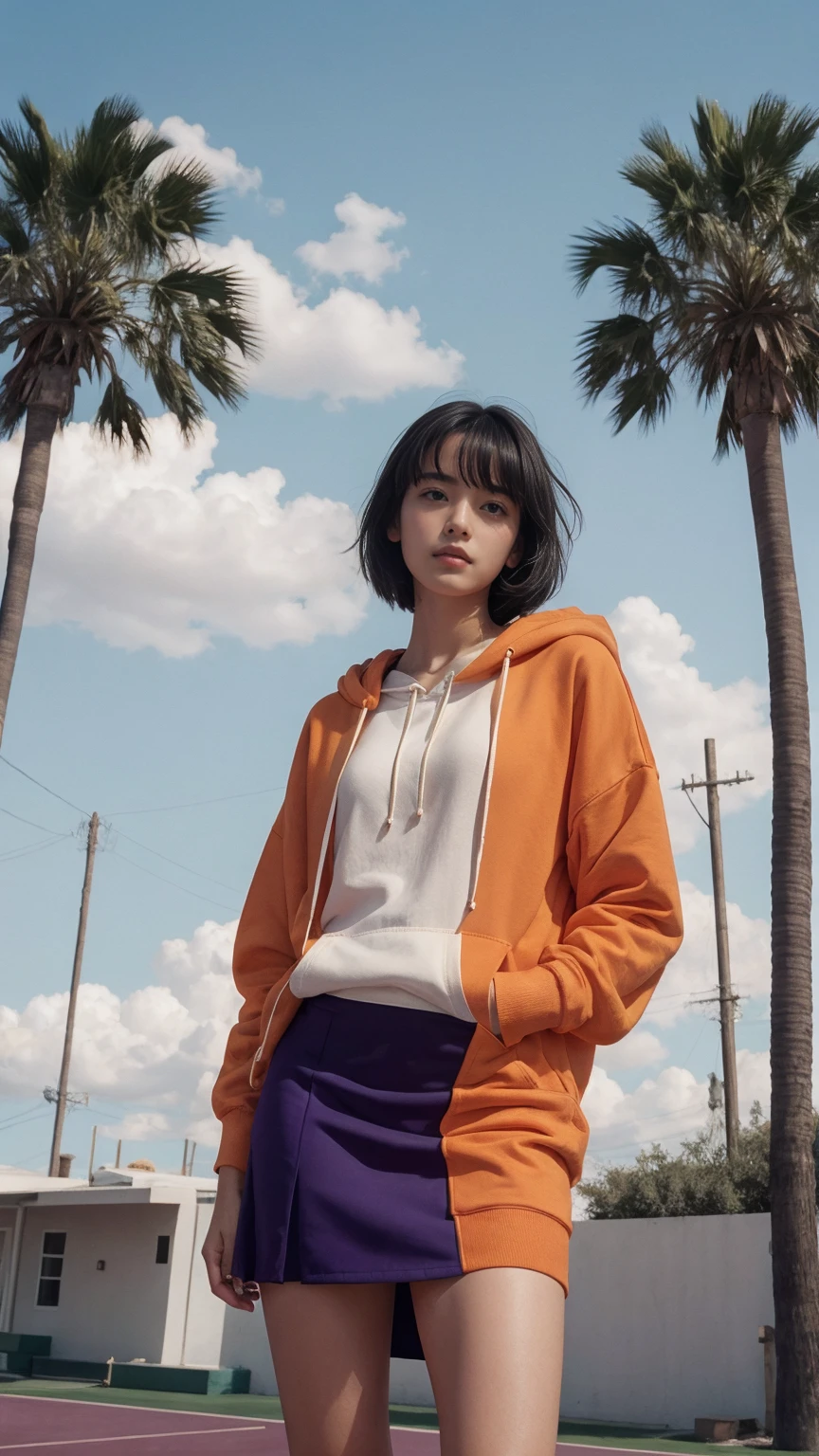 long shot portrait of cute 23 yo girl ,wear ((orange color oversized_hoodie)), wear ((purple tennis skirt)),looking front,Best Quality,Masterpiece,Ultra High Resolution,(Realisticity:1.4),Original Photo, 1Girl, light leak,ultra high resolution,UHD,beautiful, (black bob hair), almond eye, no makeup, in front of (80's mondrian architecture motel), (realistic:1.2), (surreal:1.3), (very detailed:1.1), ((masterpiece)),summer, blue sky, palm trees,sunny, los angles vibes,film camera, 800mm lens,style of Philip Lorca diCorcia