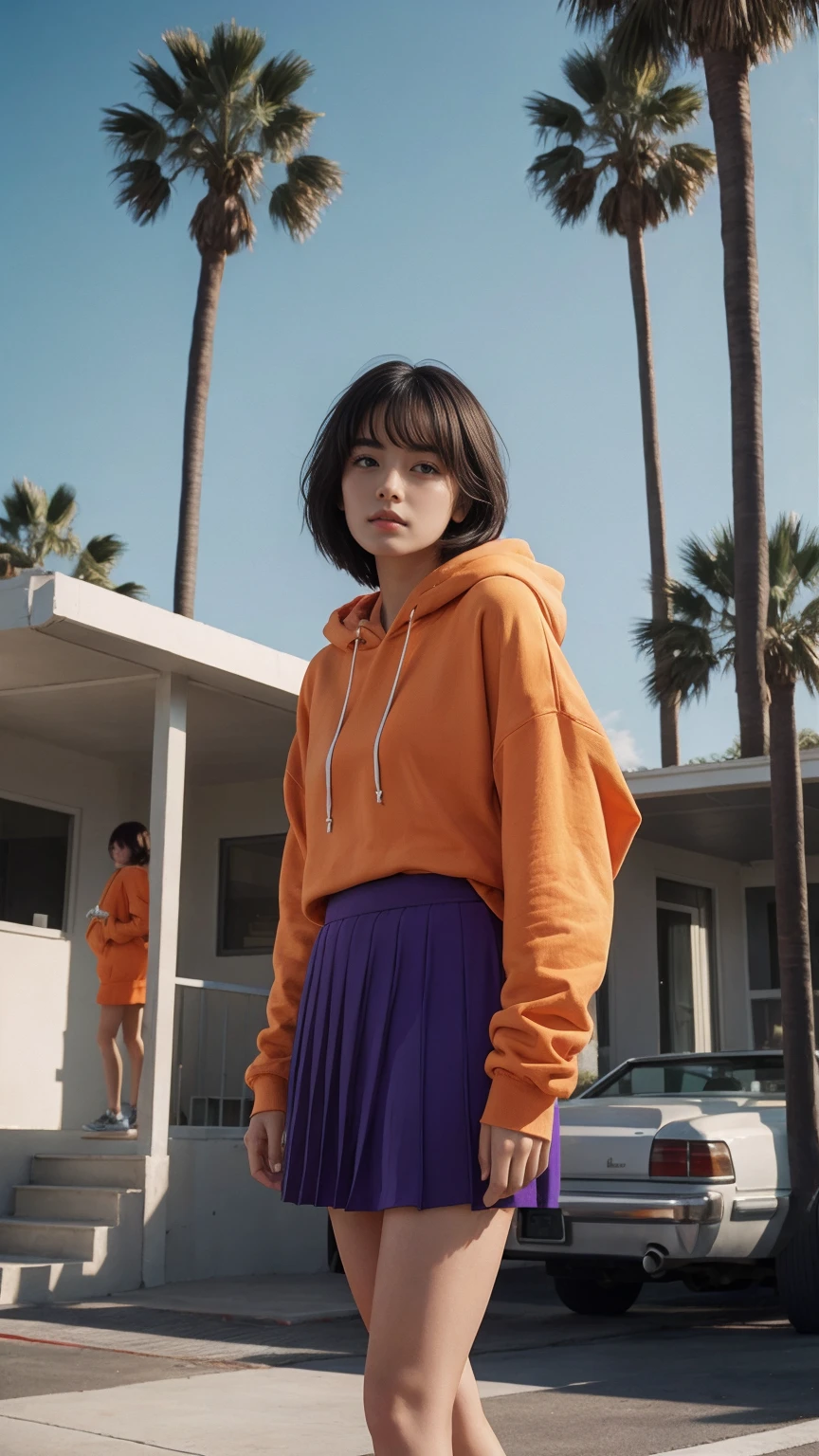 long shot portrait of cute 23 yo girl ,wear ((orange color oversized_hoodie)), wear ((purple tennis skirt)),looking front,Best Quality,Masterpiece,Ultra High Resolution,(Realisticity:1.4),Original Photo, 1Girl, light leak,ultra high resolution,UHD,beautiful, (black bob hair), almond eye, no makeup, in front of (80's mondrian architecture motel), (realistic:1.2), (surreal:1.3), (very detailed:1.1), ((masterpiece)),summer, blue sky, palm trees,sunny, los angles vibes,film camera, 800mm lens,style of Philip Lorca diCorcia