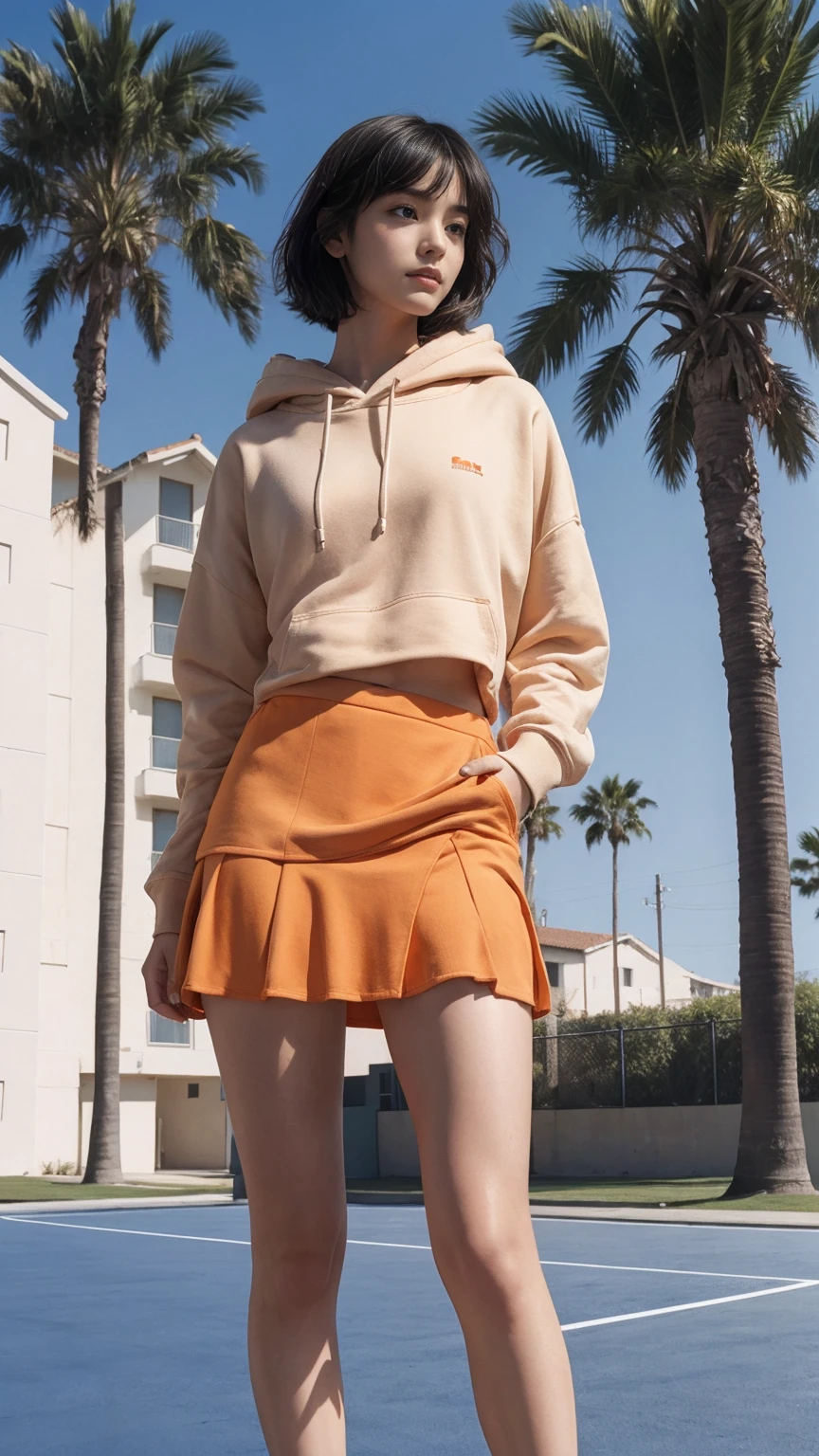 long shot portrait of cute 23 yo girl ,wear ((orange color oversized_hoodie)), wear ((purple tennis skirt)),looking front,Best Quality,Masterpiece,Ultra High Resolution,(Realisticity:1.4),Original Photo, 1Girl, light leak,ultra high resolution,UHD,beautiful, (black bob hair), almond eye, no makeup, in front of (80's mondrian architecture motel), (realistic:1.2), (surreal:1.3), (very detailed:1.1), ((masterpiece)),summer, blue sky, palm trees,sunny, los angles vibes,film camera, 800mm lens,style of Philip Lorca diCorcia