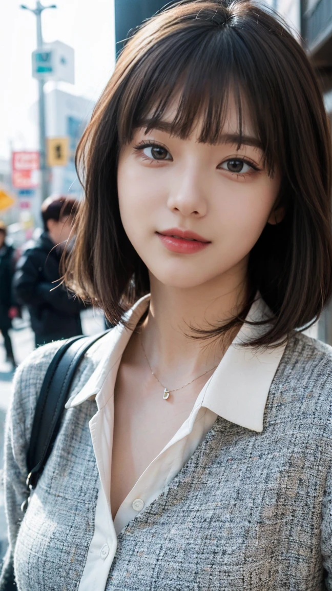 (Highest quality, masterpiece:1.3), (Actual, photo Actual:1.3), Ultra-high resolution, Ultra-high resolution, Highly detailed CG synthesis 8k wallpaper, (Actual skin, Delicate skin), (Perfect Anatomy), (Official Art, Beautiful and beautiful), (Generous smile:1.3), (Fascinating face:1.3), (Korean women:1.3), alone, Depth of written boundary, street,(Big Breasts:1.1),(Medium Full Shot:1.5),(Stylish random outfits),(Curvy Hips:1.1), (collar), (Looking naturally into the camera:1.3), (Blunt bangs:1.5)