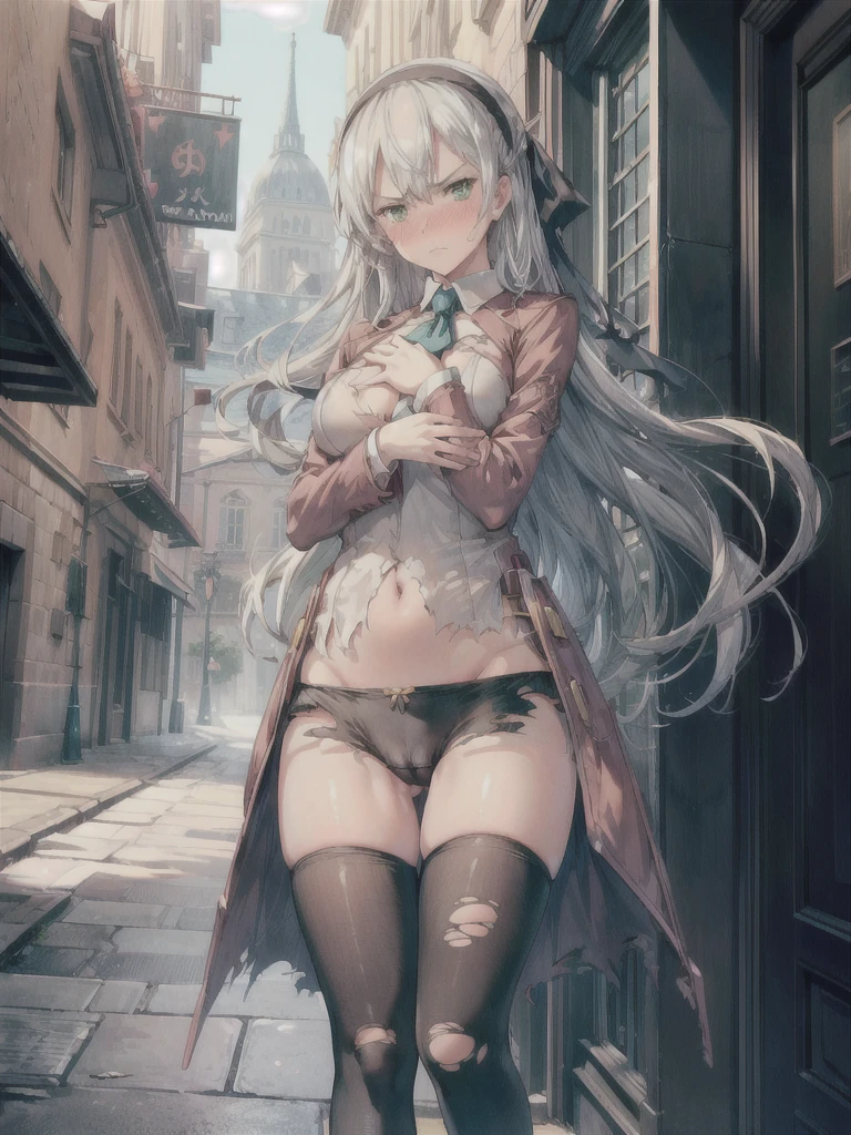 (masterpiece, highest quality, perfect anatomy, textile shading, gleaming skin, detailed skin)BREAK, 
elie macdowell, green eyes, hairband, blue ascot, hair ribbon, long sleeves, belt, pantyhose, white boots, Large Breasts, 
City Street, Dark Back Alley, BREAK,

Mouth closed, (open clothes, torn clothes:1.3), 
nsfw,(hands on chest, Lift up the skirt:1.4),(black panties visible:1.3),(pubic hair:1.2),(cameltoe:1.2),(love juice:0.7),
(frown:1.2),(angry:1.2),contemptuous, disdain,(hate:1.3),looking down, elegant, active angle, dynamism pose, Leaning against a wall,
(embarrassed,nose blush:1.3),(from below:1.2)