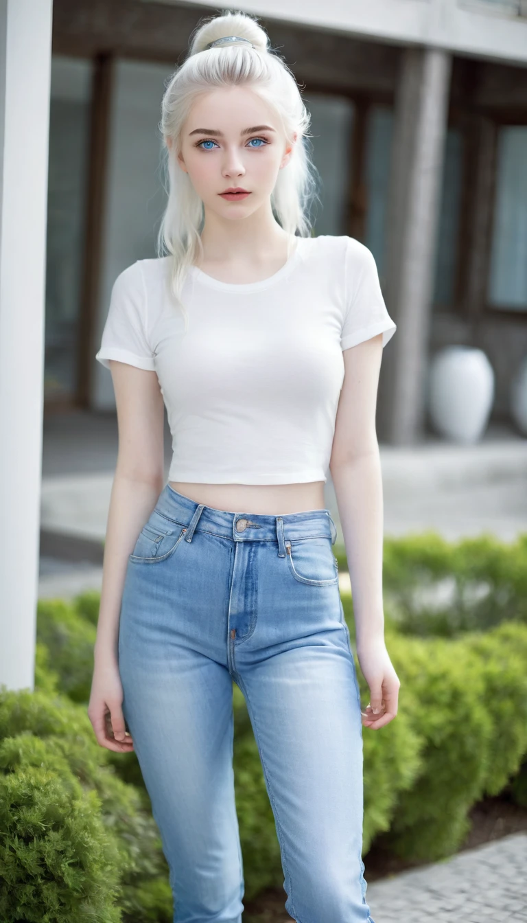 Very beautiful 18 year old girl, with white hair up and white skin and blue eyes with wide jeans full body 