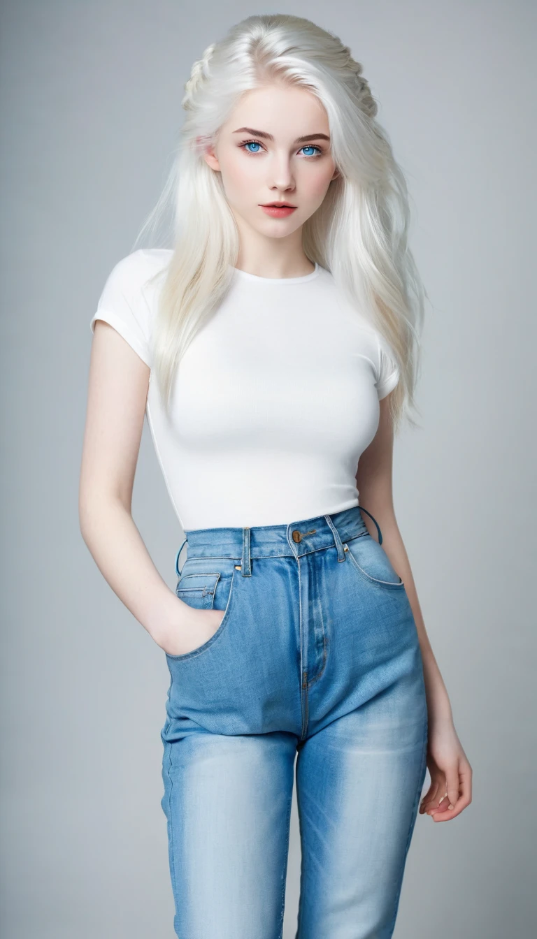 Very beautiful 18 year old girl, with white hair up and white skin and blue eyes with wide jeans full body 