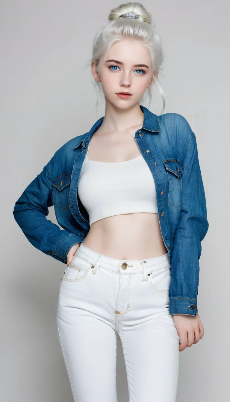 Very beautiful 18 year old girl, with white hair up and white skin and blue eyes with wide jeans full body 