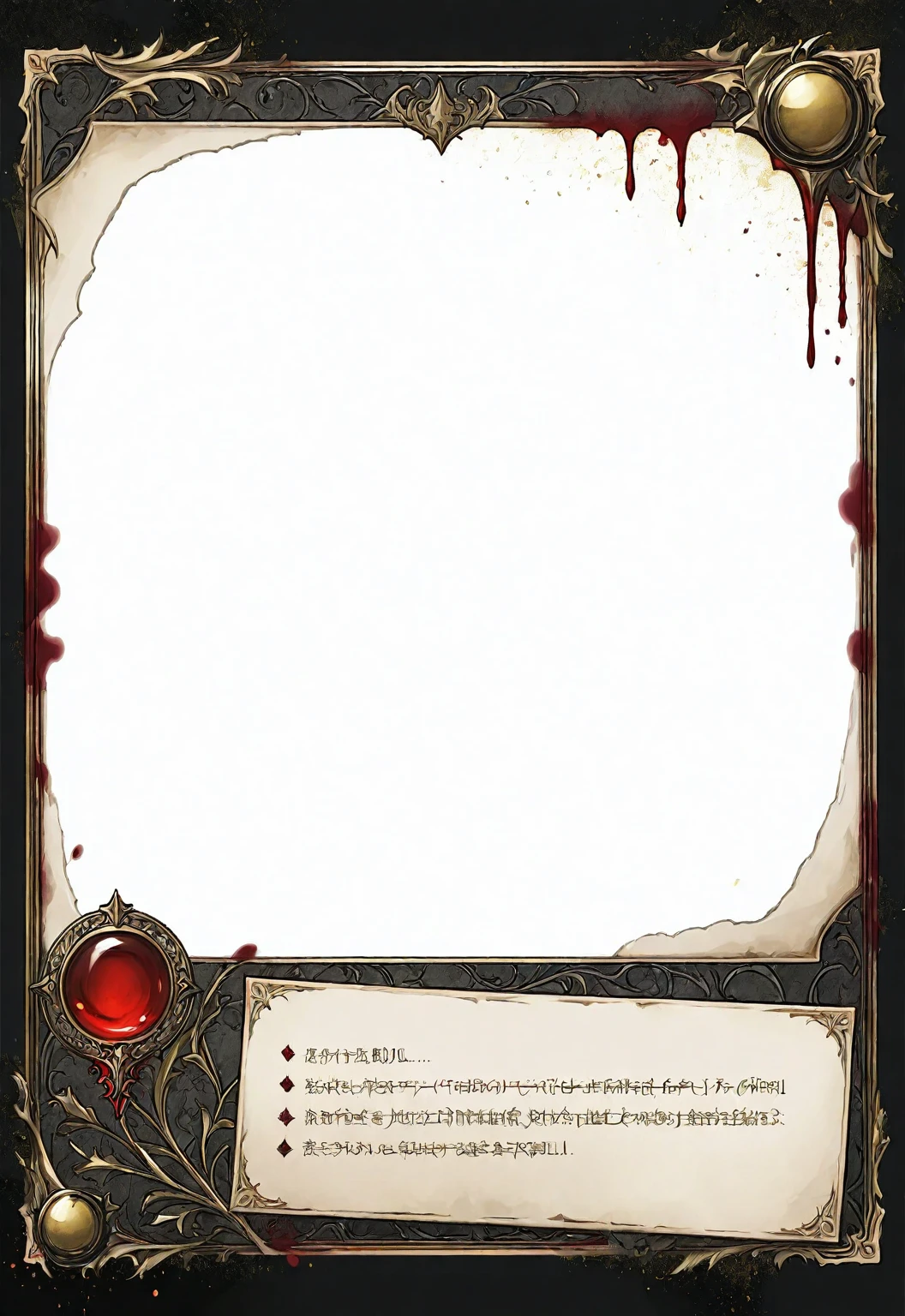 A card border UI,Medieval European fantasy style,Suspense style,Profile Style。Leave a square blank space in the middle,Parchment backing,There are blood stains on it。Black and White、yellowish、Dark red main color。