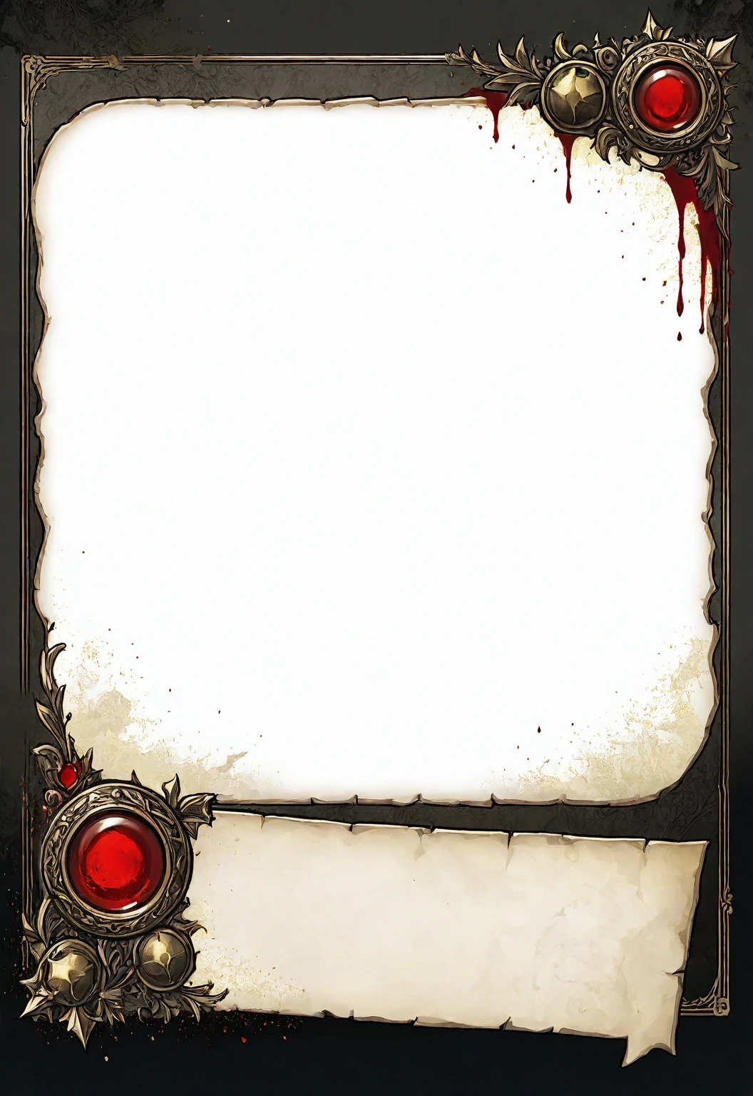 A card border UI，Medieval European fantasy style，Suspense style，Profile Style。Leave a square blank space in the middle，Parchment backing，There are blood stains on it。Black and White、yellowish、Dark red main color。