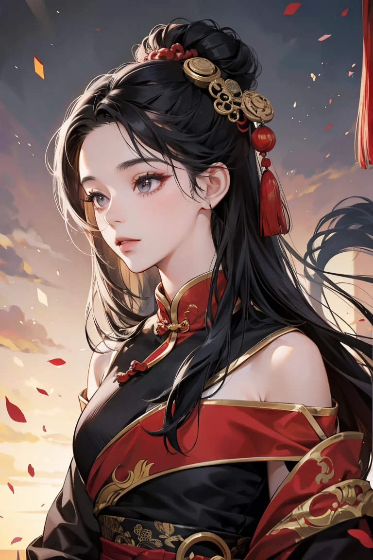 1girl, 30 years old, Chinese, old chinese dress, black dress, off-the-shoulder, black hair, long hair, bun, gray eyes, princess