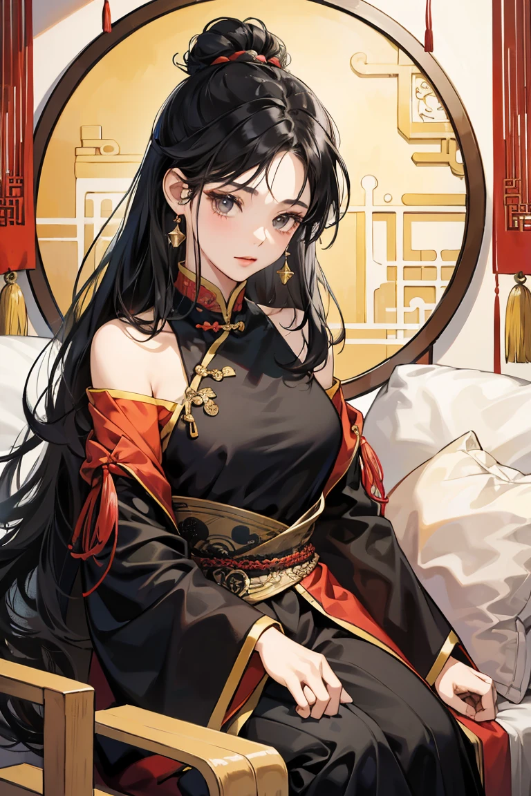 1girl, 30 years old, Chinese, old chinese dress, black dress, off-the-shoulder, black hair, long hair, bun, gray eyes, princess