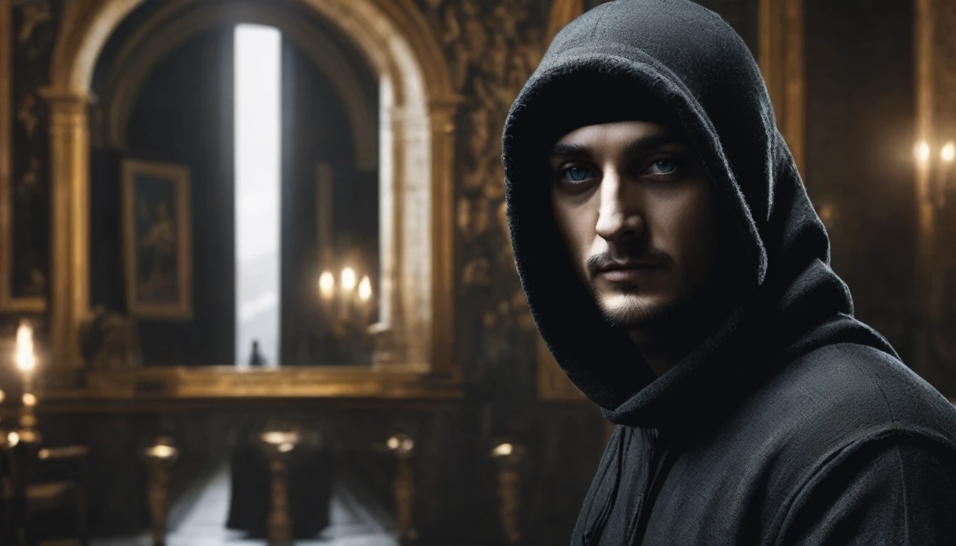 Create a thief with mountain pass , the background that is dark gray gradient, the thief the black balaclava, light eyes. A cinematic image, full HD , close-up with a painting of the mona lisa in his hands