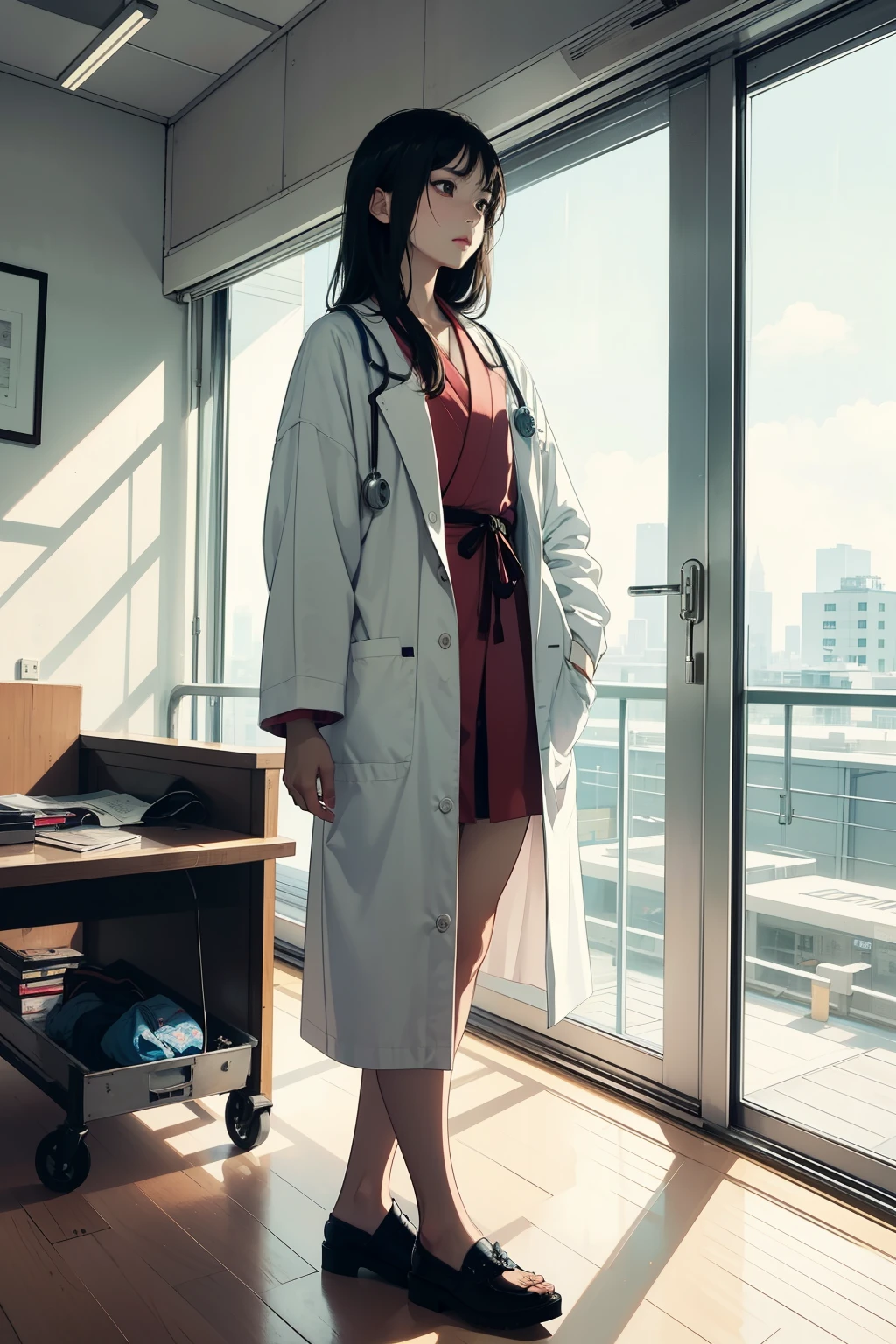 ((best quality)), ((masterpiece)), (detailed), (Japanese anime), 1man, doctor, look like a girl, doctor clothes, third , delicate face, tall, hospital background, full body, 