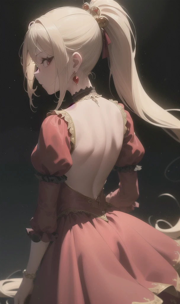 (masterpiece, best quality:1.2), extremely detailed, detailed hair, soft skin,

1girl, solo, standing, upper body, from behind,

blonde hair, long hair, high ponytail, long ponytail,

red eyes, long eyelashes, thick eyelashes, looking at viewer,

red dress, backless dress, ornate dress, puffy skirt, long skirt, puffy sleeves, juliet sleeves, long sleeves,

nude,

black background,

earrings 