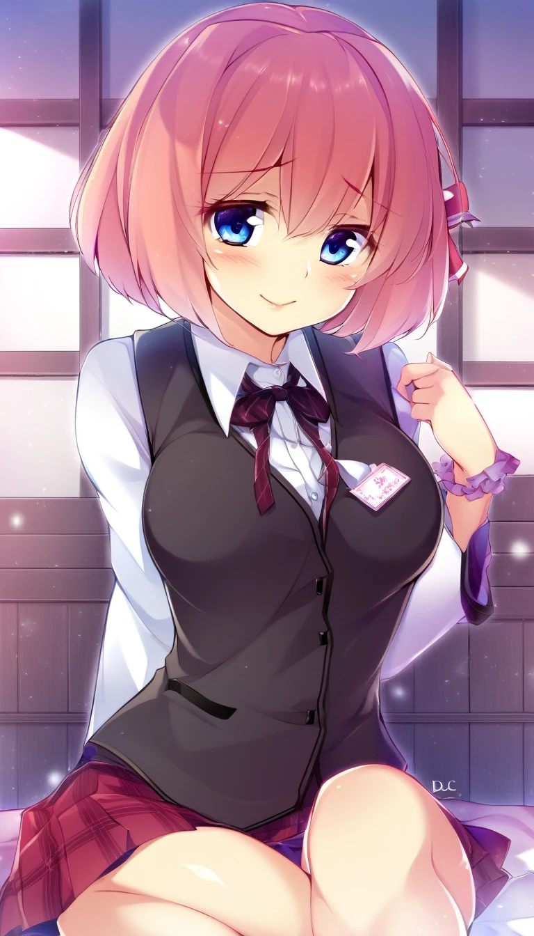 one girl, Sayori, DDLC, Doki Doki Literature Club , light blue eyes, my best friend, feel happy, girl look at me, blush, lovely, my girlfriend, short hair