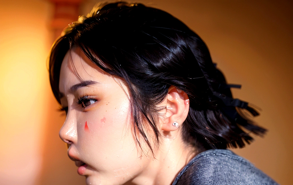 22-year-old Japanese woman, side profile, Beauty, close-up of face, short hair, ultra high quality, premium resolution, 8k ultra high resolution, hyper-realistic, true-to-life photo quality, ultra-detailed skin texture, lifelike skin sheen, soft lighting, natural expression, delicate facial features, flawless complexion, depth of field, bokeh background, (22-year-old Japanese woman:2.0), (side profile:1.8), (close-up of face:1.6), (short hair:1.4), (ultra high quality:1.4), (premium resolution:1.3), (8k ultra high resolution:1.3), (hyper-realistic:1.5), (true-to-life photo quality:1.5), (ultra-detailed skin texture:1.5), (lifelike skin sheen:1.5), (soft lighting:1.3), (natural expression:1.3), (delicate facial features:1.2), (flawless complexion:1.2), (depth of field:1.1), (bokeh background:1.1)